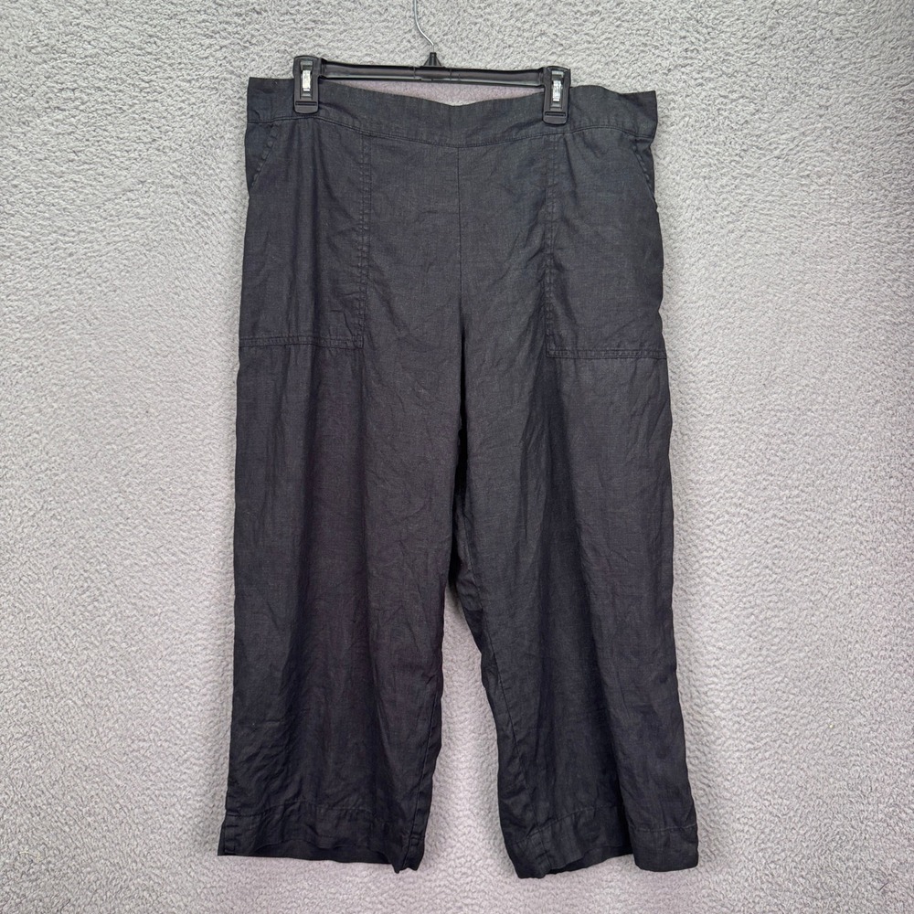 Flax Pants Womens‎ L Black 100% Linen Cropped Wide Leg Pockets Lagenlook